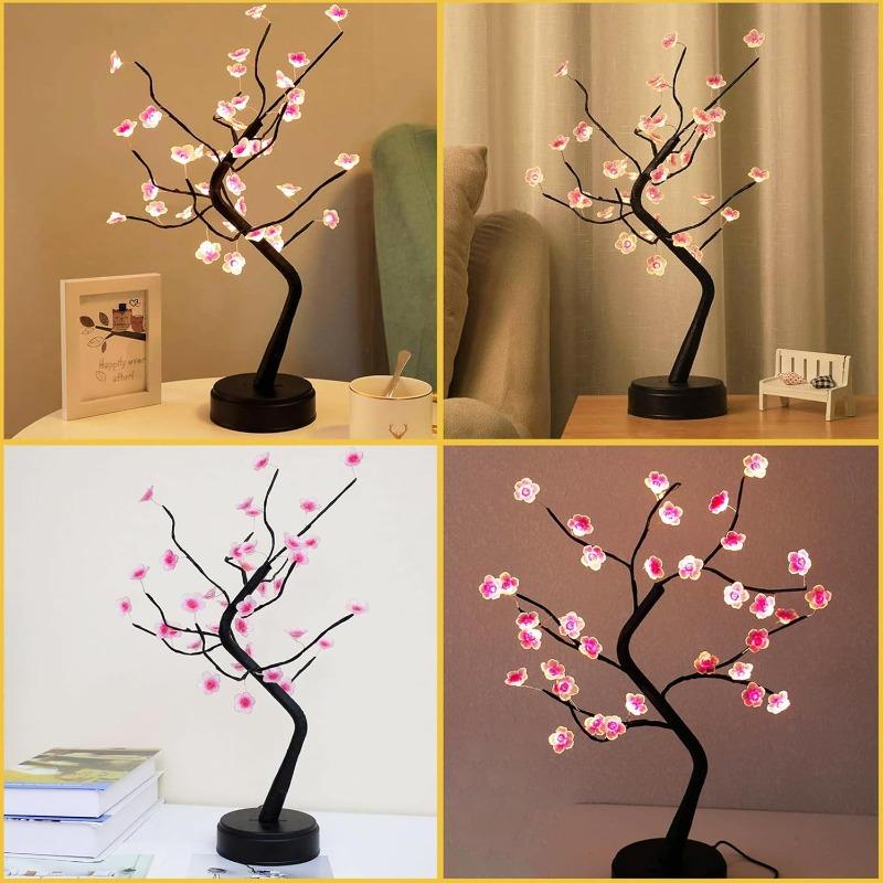 Masa Ağacı Gece Lambası USB/Pille Çalışan Dokunmatik Anahtar Yapay Bonsai Kiraz Çiçeği Masaüstü Ağacı LED Lamba Işık Dekorasyonu