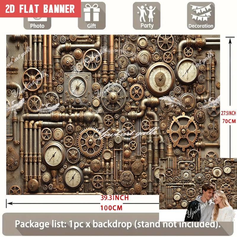 2D Flat Party Backdrop Banner - Large Steampunk Theme with Gears, Pipes & Vintage Clock