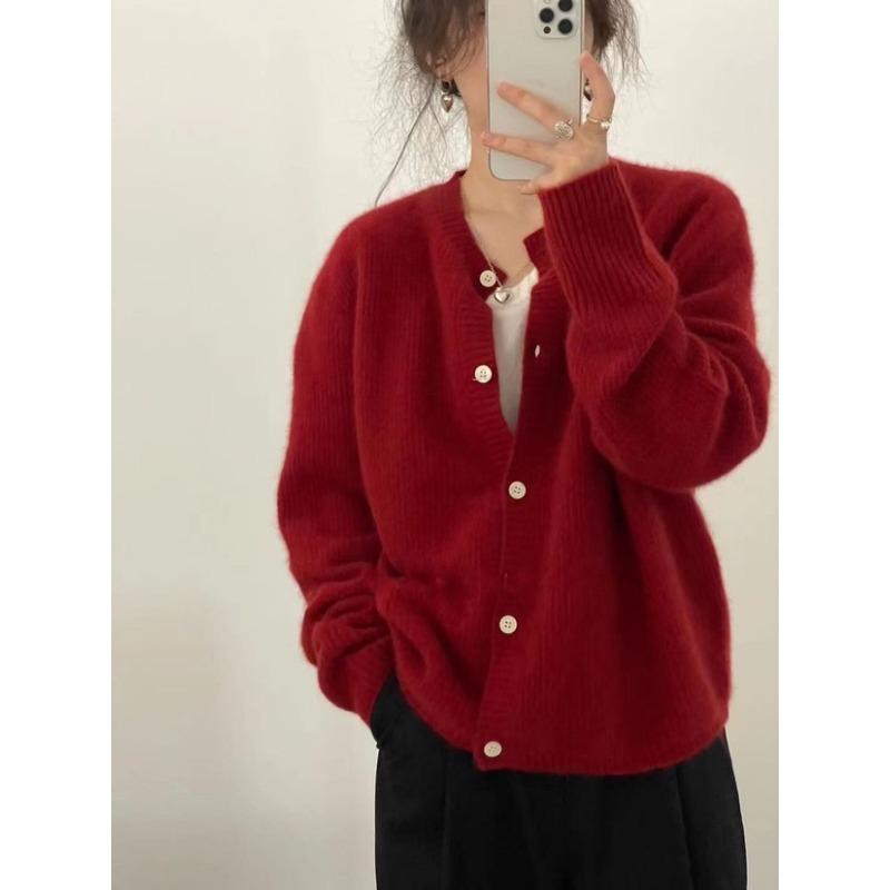 Autumn and Winter New Soft Waxy Knitted Cardigan Women's Round Neck Thickened Loose Versatile Knitted Sweater Jacket Women