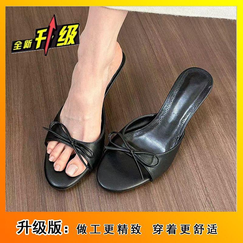 Schleife Peeptoe Stiletto, Pantoletten mit mittlerem Absatz, Damen Sandalen mit hohem Absatz, Pantoletten mit runder Spitze, Damen Oberbekleidung 2025 neue Modelle