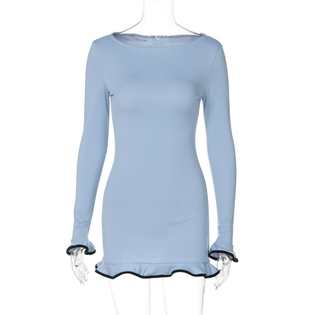 New Knitted Ruffle High Waist Mini Dress Women's Sexy Slim Long Sleeve Short Skirt Bodycon Dress Fall Luxury Crochet Clothes