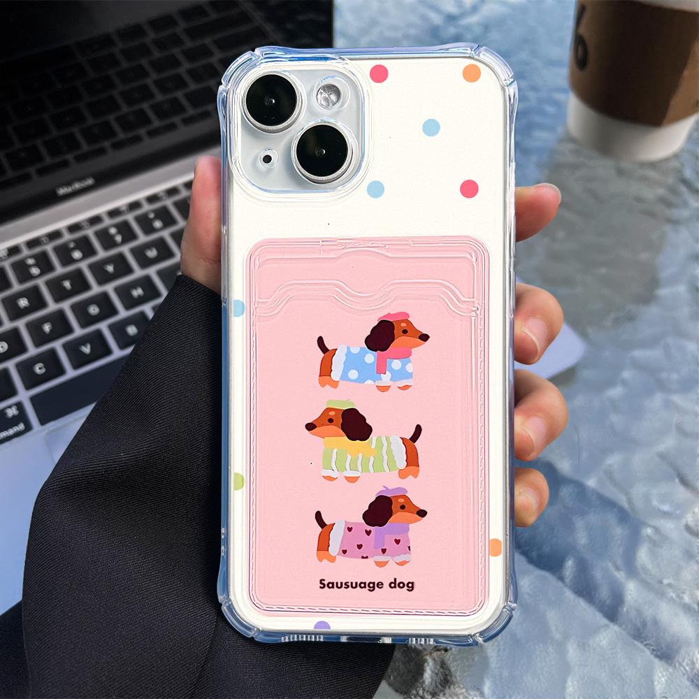 Transparent Card Slot Bag Holder Phone Case For iPhone 13 15 16 11 12 14 Pro Max XR XS X 7 8 Plus SE  Cartoon Cute Dog Cover
