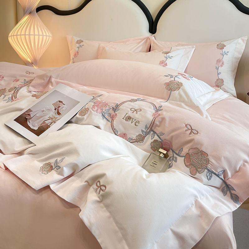 Set de lenjerie de pat de lux din bumbac integral cu broderie florală: Husă de plapumă și cearșaf de pat din bumbac de înaltă calitate cu fibre lungi.