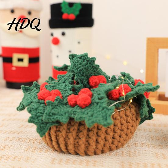 Festive Christmas Home Decor Crochet Cup Coasters with Mini Basket Handmade Holly Plants Soft Yarn for Hand Knitting Berries Mat Set Drinks Tabletop