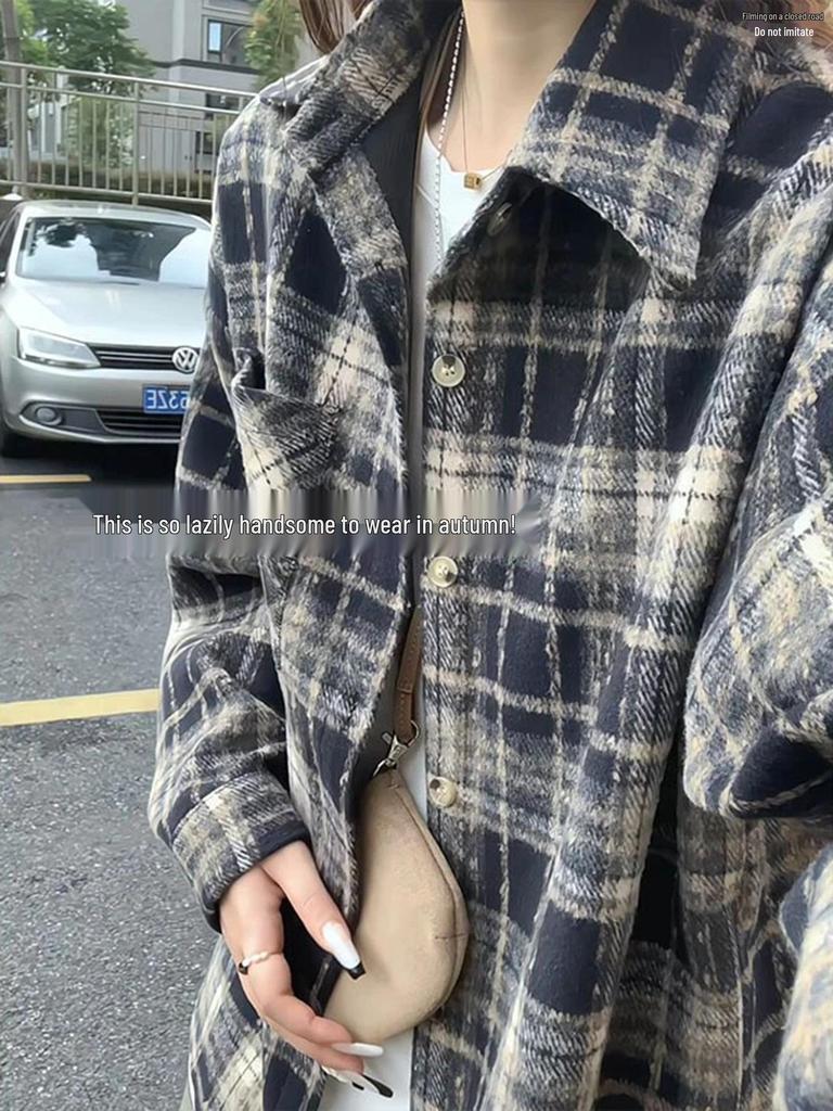 Women's Retro Red Plaid Brushed Shirt Jacket - Long Sleeve Casual Top for Autumn/Winter