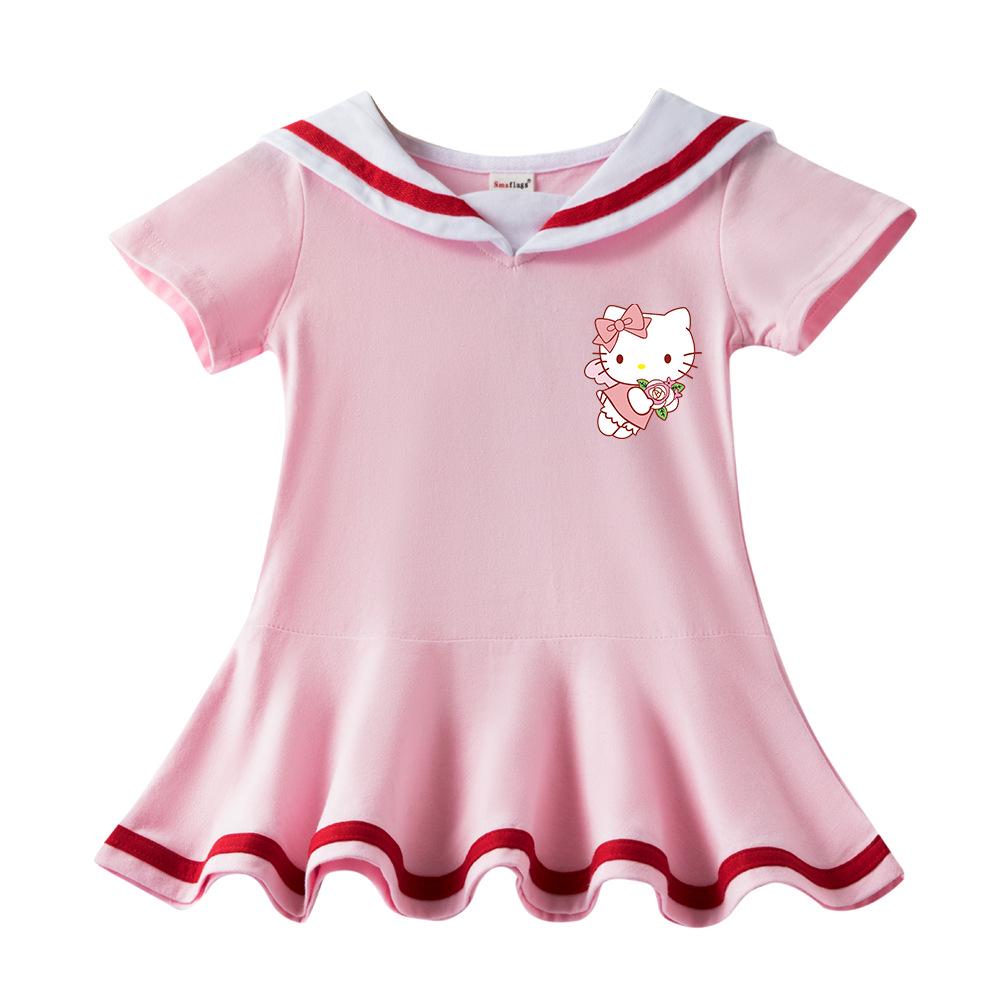 Hello Kitty Girls' Short-Sleeve Summer Dress - New Style, Pure Cotton, Lightweight Skirt