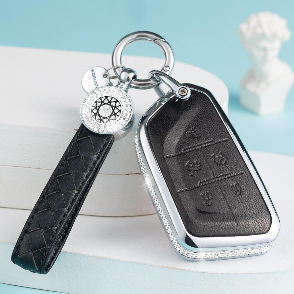 for 2021 Cadillac Escalade Key Fob Cover with Keychain, Pink Genuine Leather Crystal Key Case Protection Shell Compatible with C