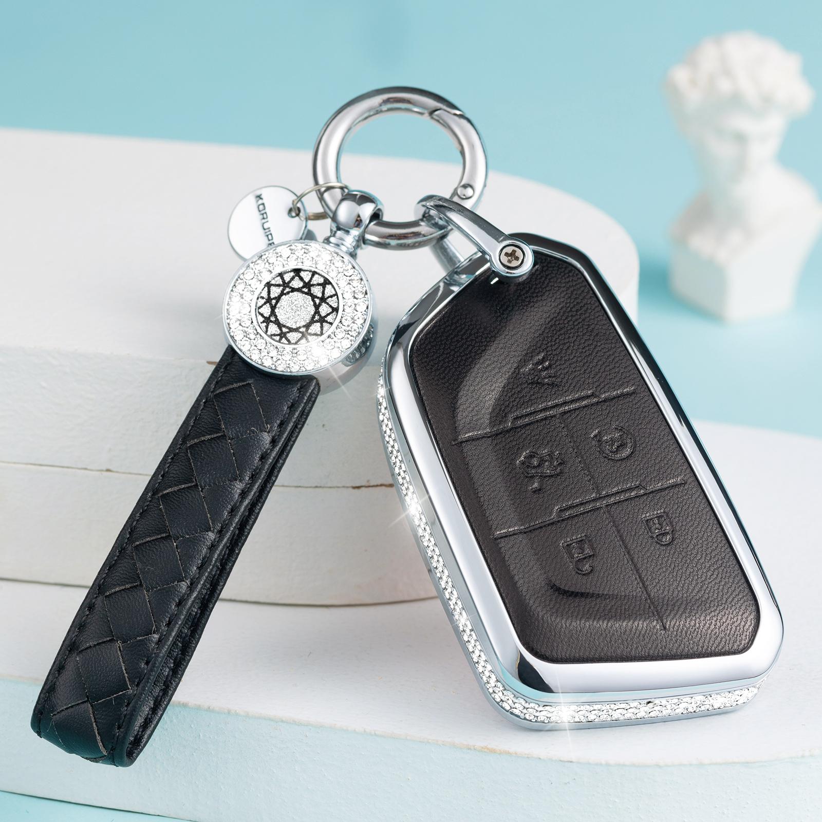 

for 2021 Cadillac Escalade Key Fob Cover with Keychain, Pink Genuine Leather Crystal Key Case Protection Shell Compatible with C
