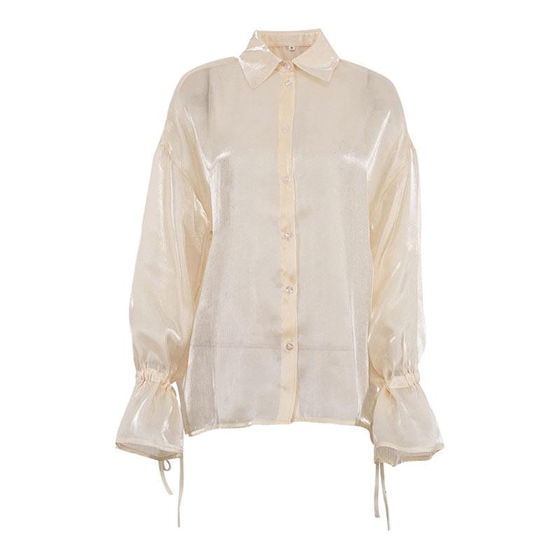 Fashion Loose Beige Shirt Women's Casual Sun Protection Solid Button Outwear Shirt Long Sleeve Top Thin See Through Shirt