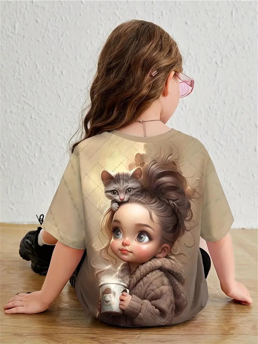 

2025 Персонализированные футболки для девочек с 3D-принтом, летняя мода, топы с короткими рукавами, повседневные футболки, одежда для девочек 140