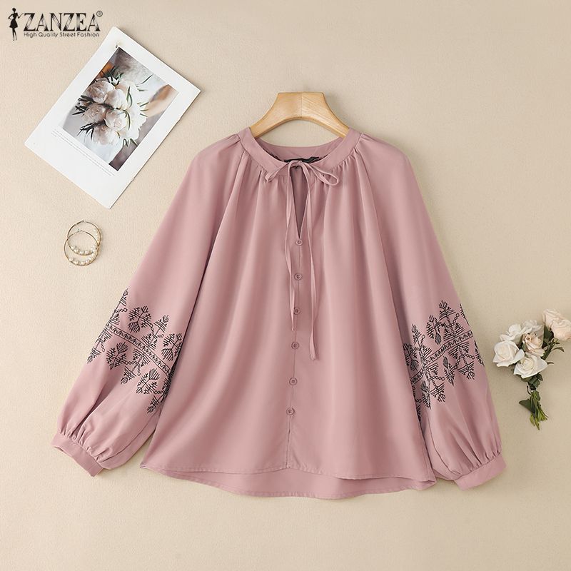 ZANZEA Lässige Bluse mit Rundhalsausschnitt und langen Ärmeln für Damen