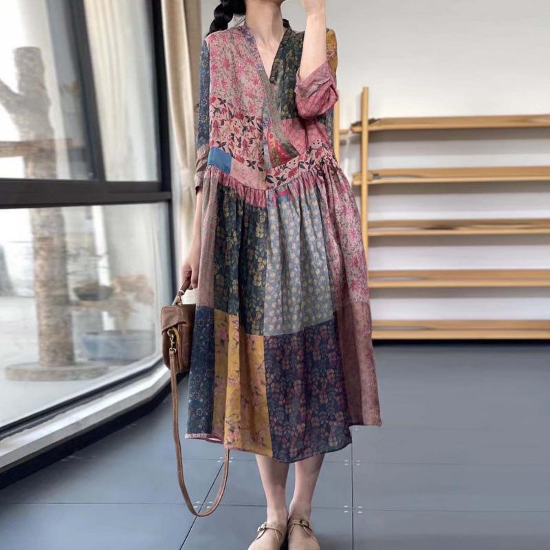 

Льняное платье с V-образным вырезом, цветочным принтом, в стиле ретро-этно, с цветными блоками, свободного кроя, на весну/лето 2025 XL