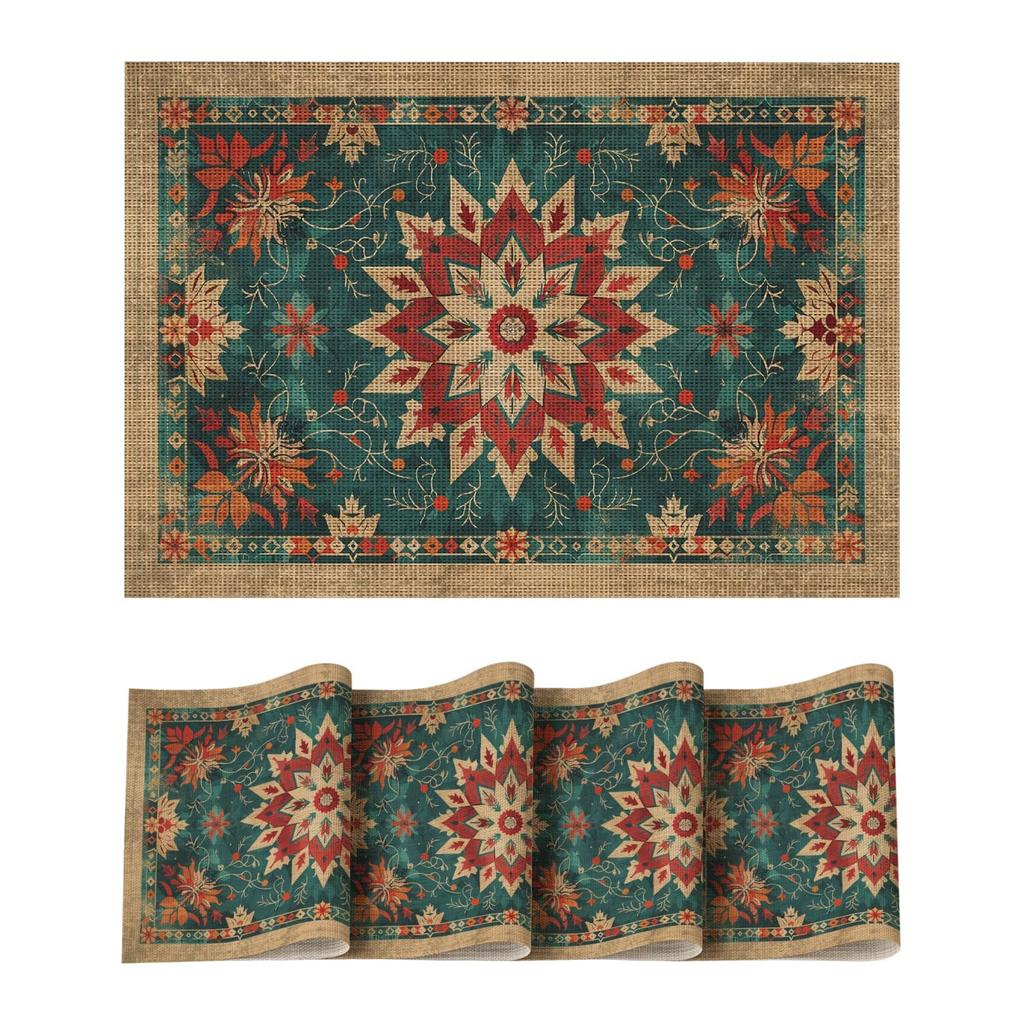Snowflakes Floral Ethnic Boho Christmas Placemats Set of 4, Washable Heat Resistant Non-Slip Plastic PVC Place Mats