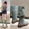Moda Street Stivali Denim da Donna 2024 Nuovi Autunno Inverno Stivali Alti al Ginocchio con Plateau da Donna Stivali Alti Retrò Zapatos Chunky Mujer
