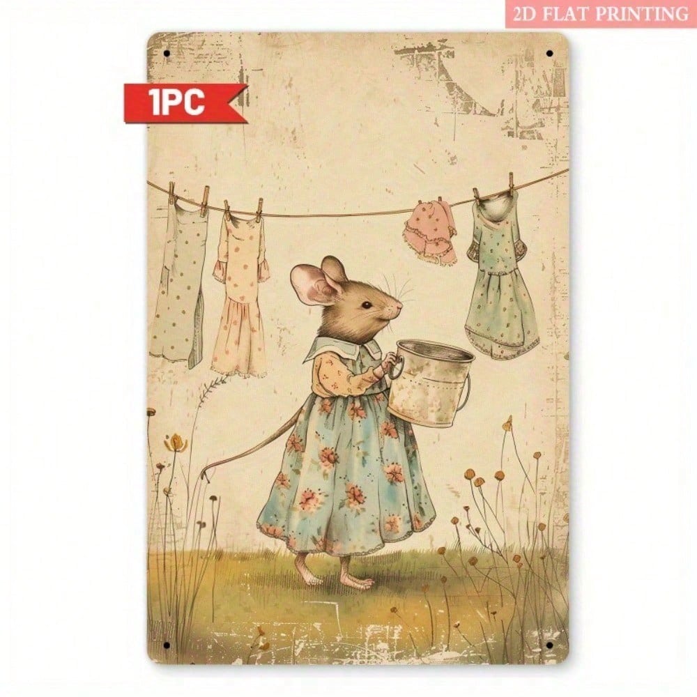 D Flat Laundry Day Mouse Metal Sign x Inch Rustic Cottagecore Wall Decor for Bedroom Home Spring Display