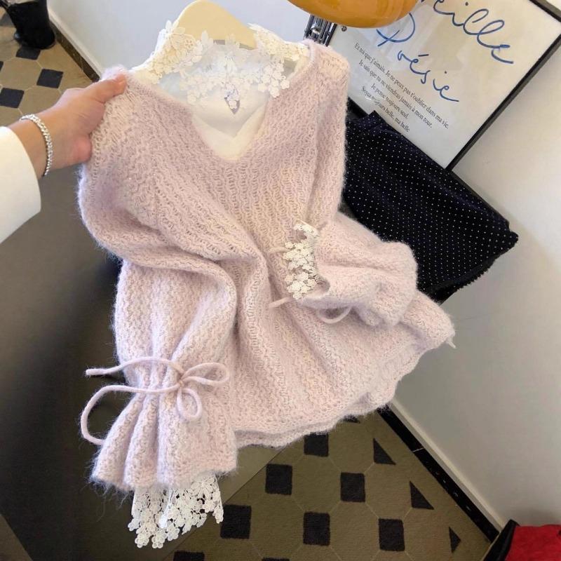 Lila Sanfter Stil Dicker Strickpullover für Damen im Herbst und Winter Koreanischer Stil Locker Weich Wachsig Langarm V-Ausschnitt Oberteil Trendig