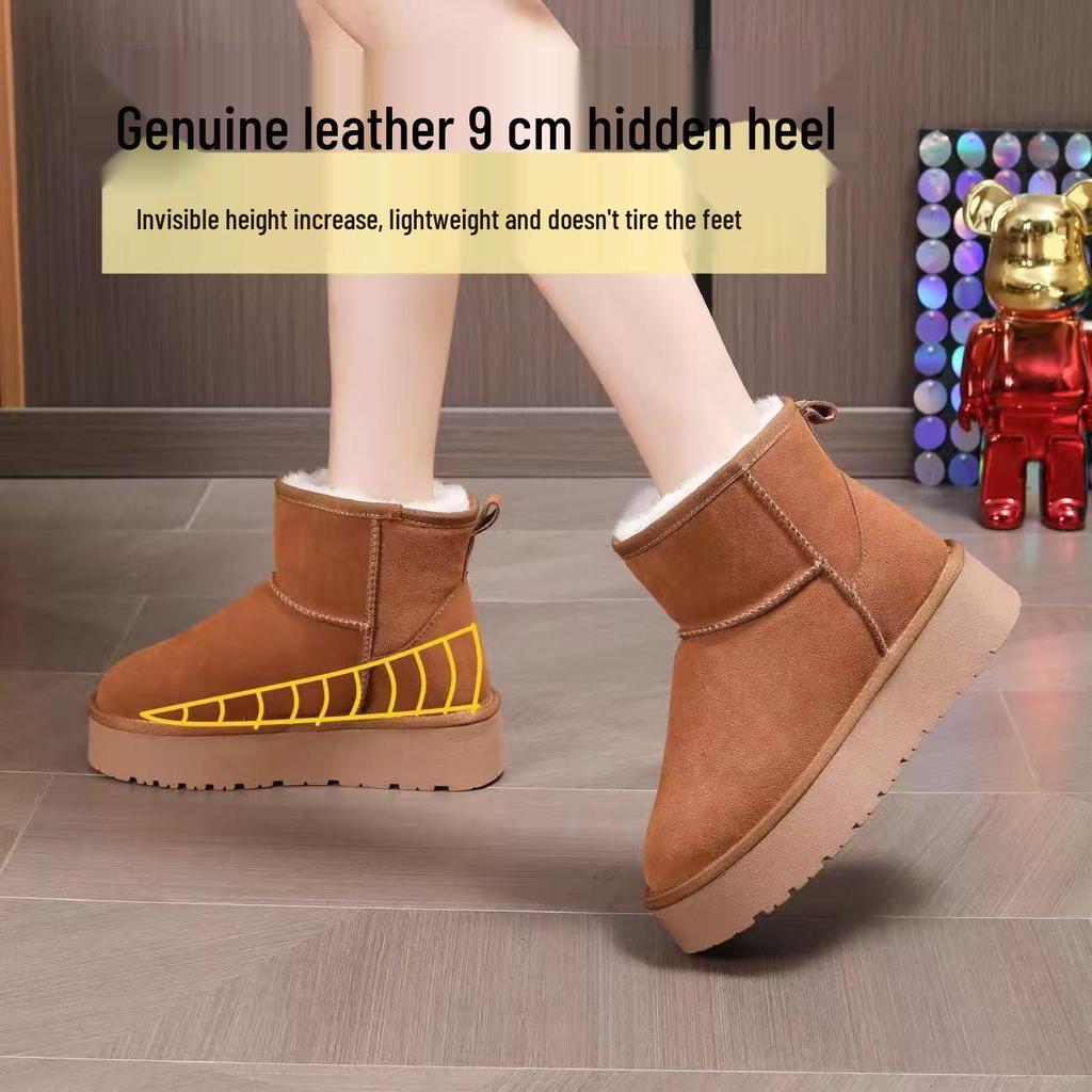 Women's Korean Style Thick Sole Hidden Heel Snow Boots: Genuine Leather, Fleece-Lined, Warm Ankle Boot for Versatile Winter Wear.