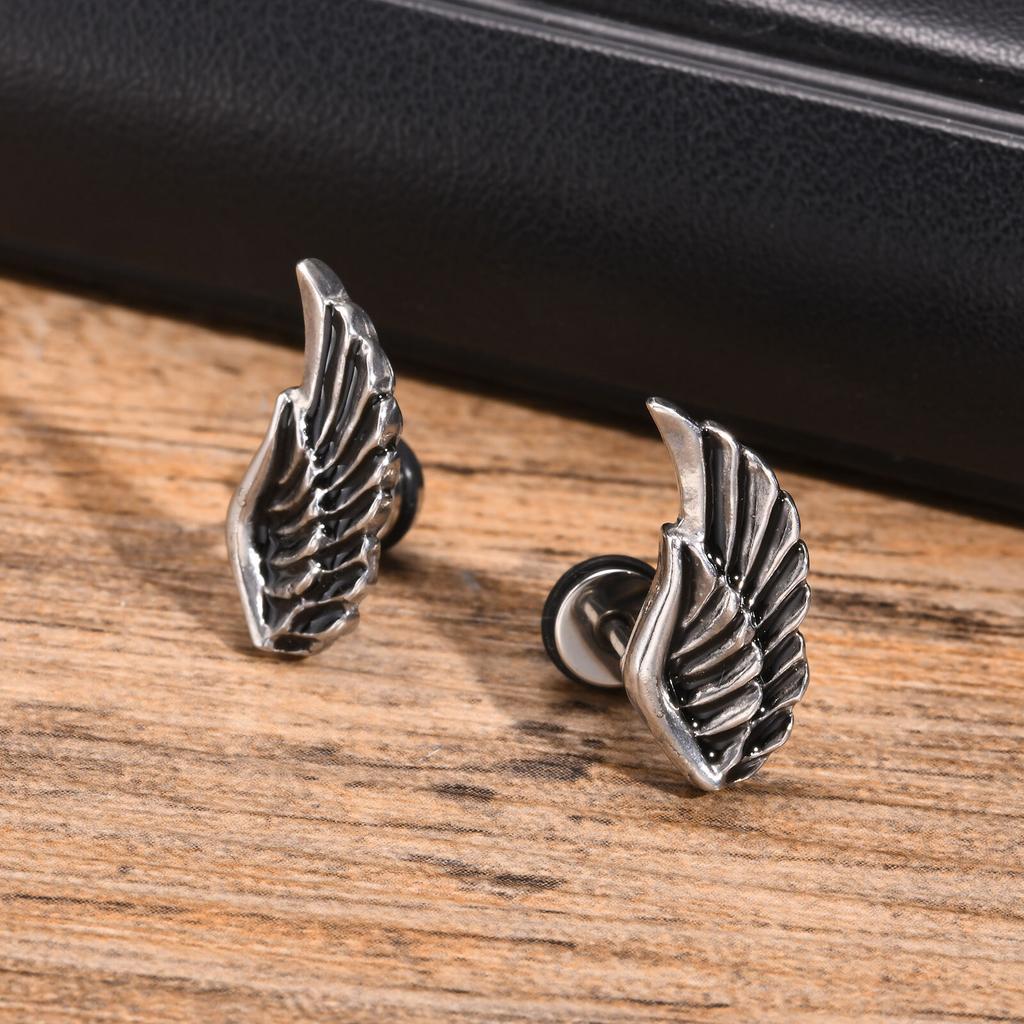Stainless Steel Jewelry Vintage Devil Wing Man Earrings Angel Wing Feather Stud Gothic Dad Boyfriend Valentine's Day Gift