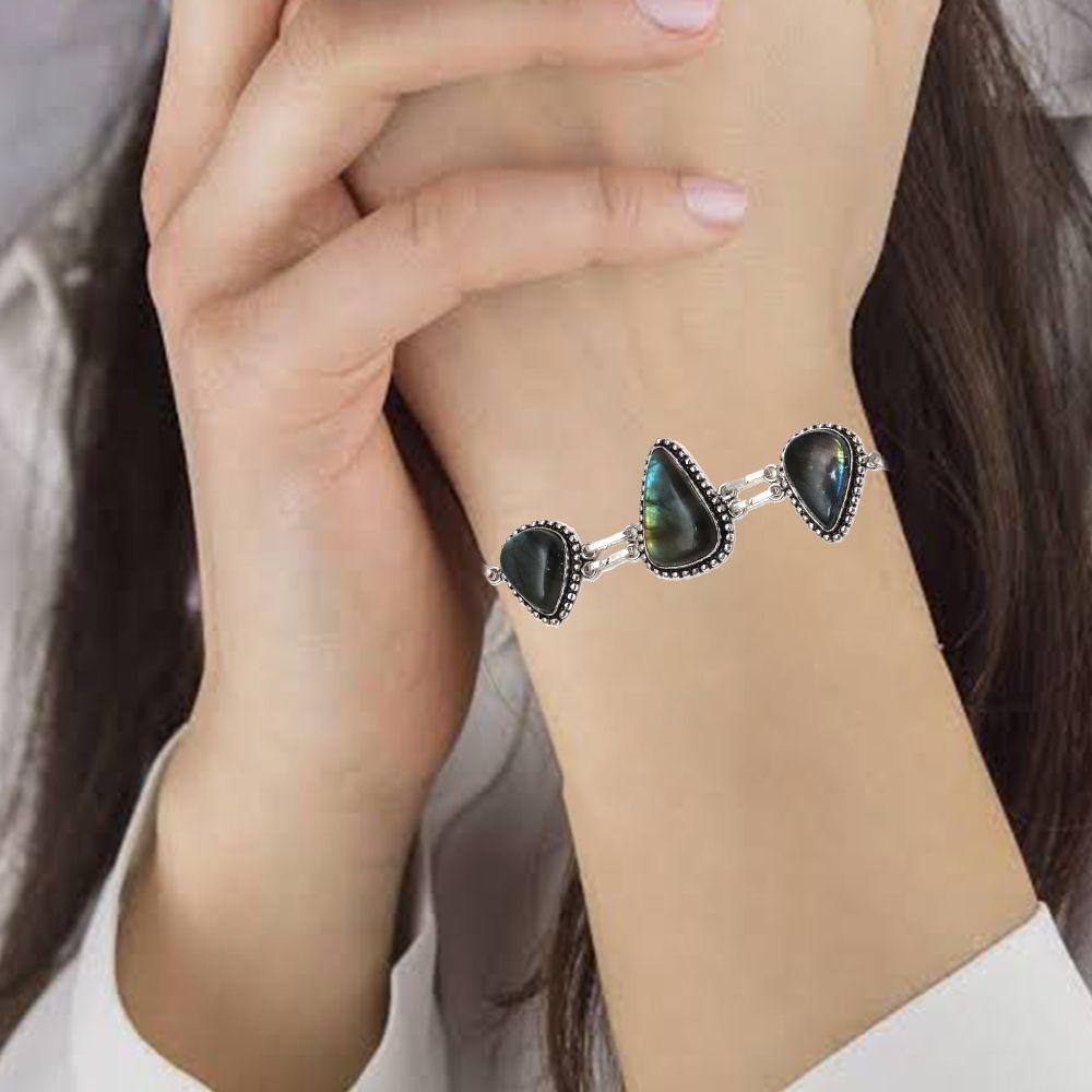 Shiney Labradorite Gemstone Silver Jewelry Bracelets 7''Adjusable