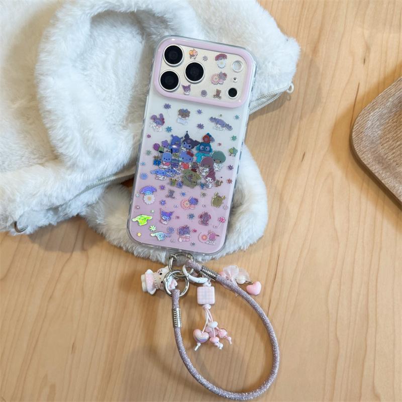 Matching Hello Kitty Charm Wrist Strap Print Phone Case For iPhone 15 16 17 Pro Max INS Cute Sweet Style Large Window Shockproof