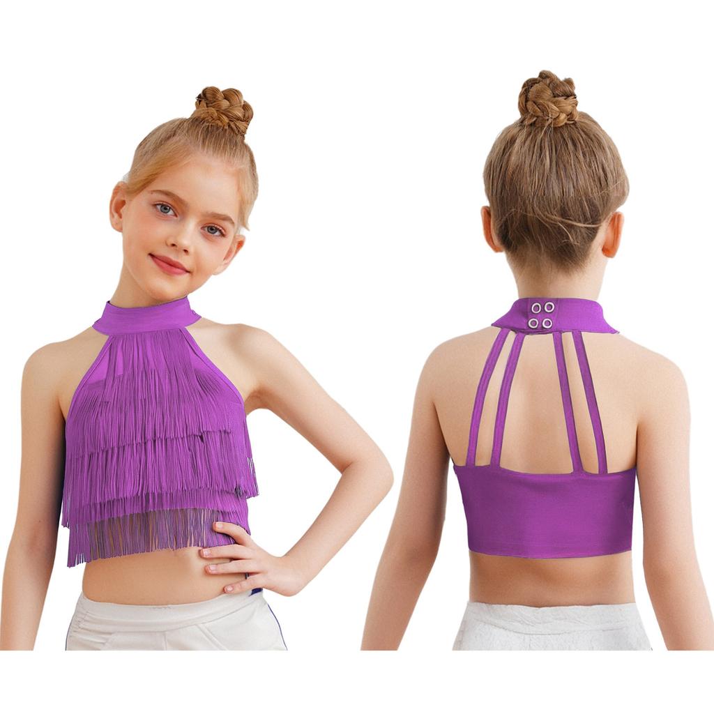 Vielseitiges Latein-Performance-Oberteil für Mädchen: Fransen Crop Top mit offenem Rücken & mehrlagigen Quasten für Salsa, Tanz & Halloween