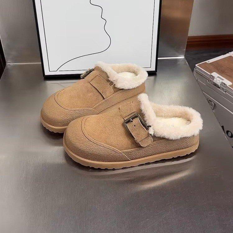 Baotou drag fleece women's shoes 2025 winter new soft-soled cork non-slip thick-soled fluffy slippers women's round head