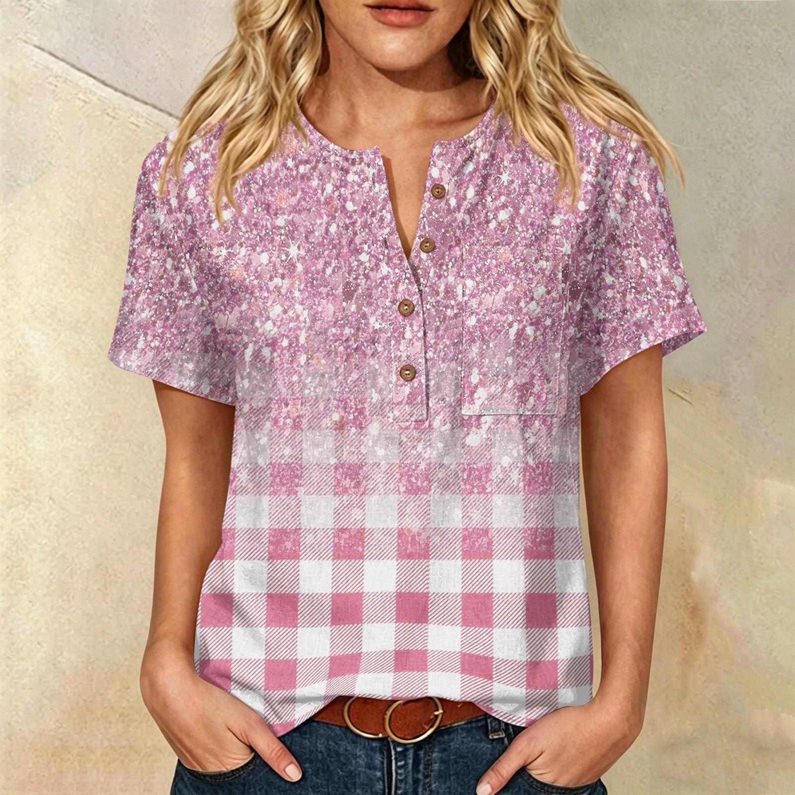 

Women’s Floral Print Cotton Linen Short Sleeve Henley Shirt with Chest Pocket Casual Loose Fit Button Neck Top M розовый