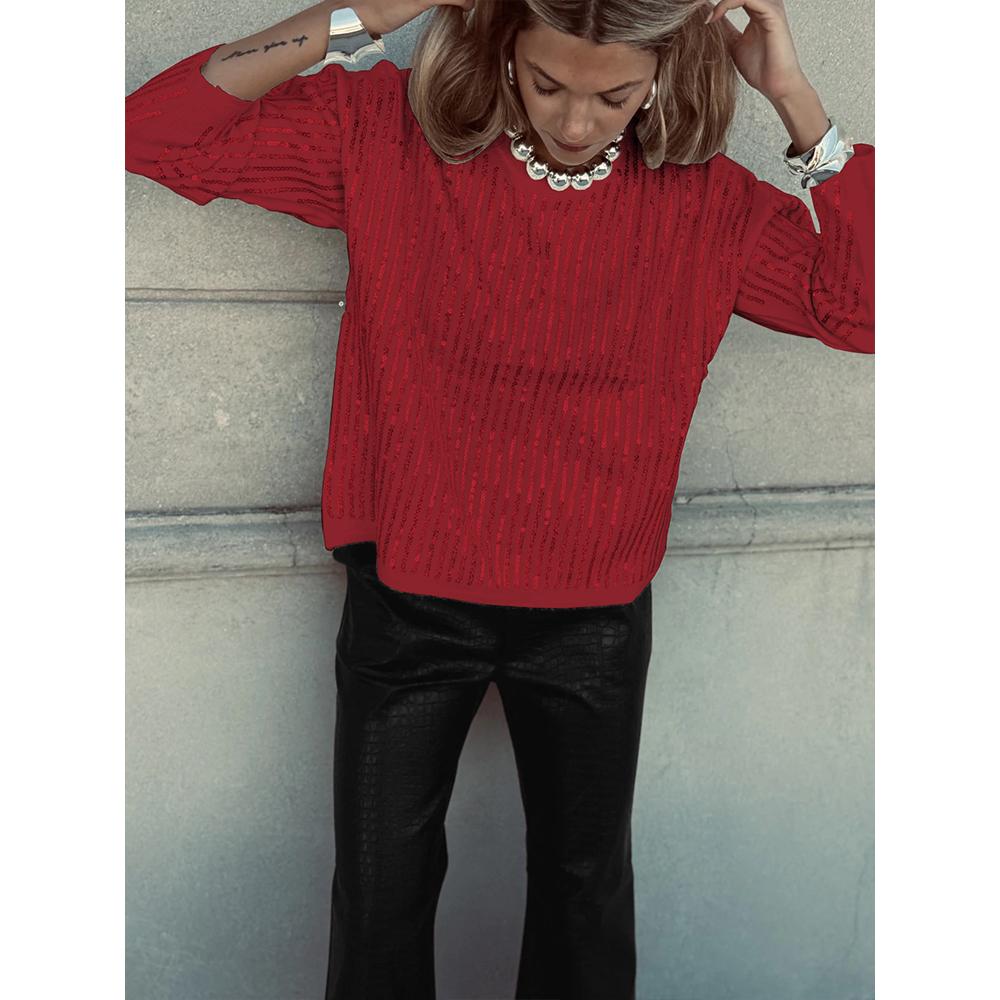 Women's Fashion Sequin Long Sleeved T-Shirt Round Neck Striped Pullover Top