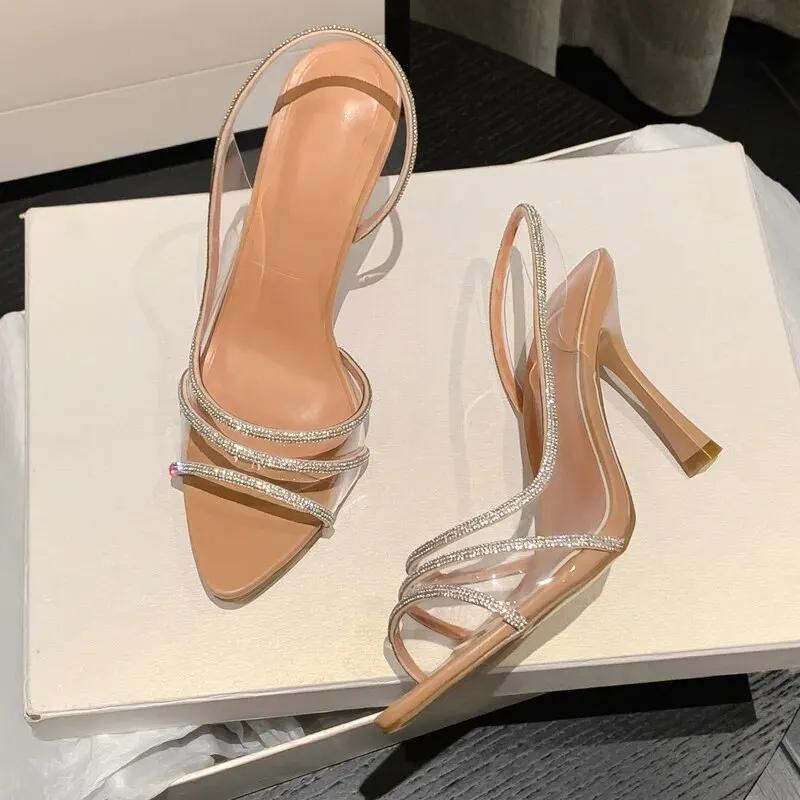 Fashion Women Summer Rhinestone Slingback Pumps Office Lady Transparent Heeled Sandals Elegant Pointed Toe Female Sexy High Heels