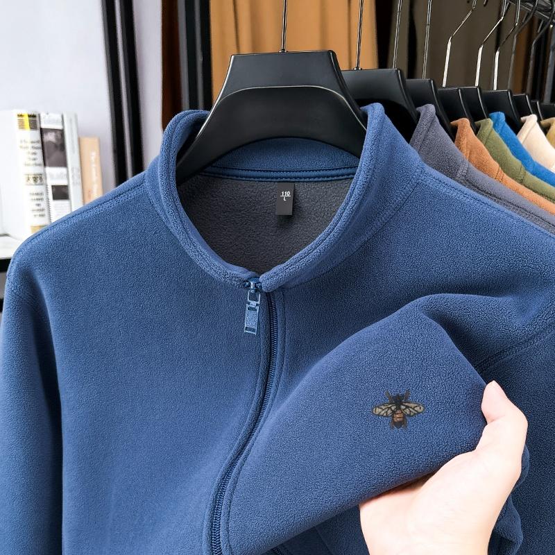 Men's Stand Up Collar Zipper Sweatshirt Winter Plush Thickened Bee Print Coat Fashion Casual Men'swear Top