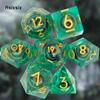 7 Pcs Green Flowing Sand Golden Number Sharp Edge Resin Dice Polyhedral Dice Suitable for Role-Playing RPG Board Game
