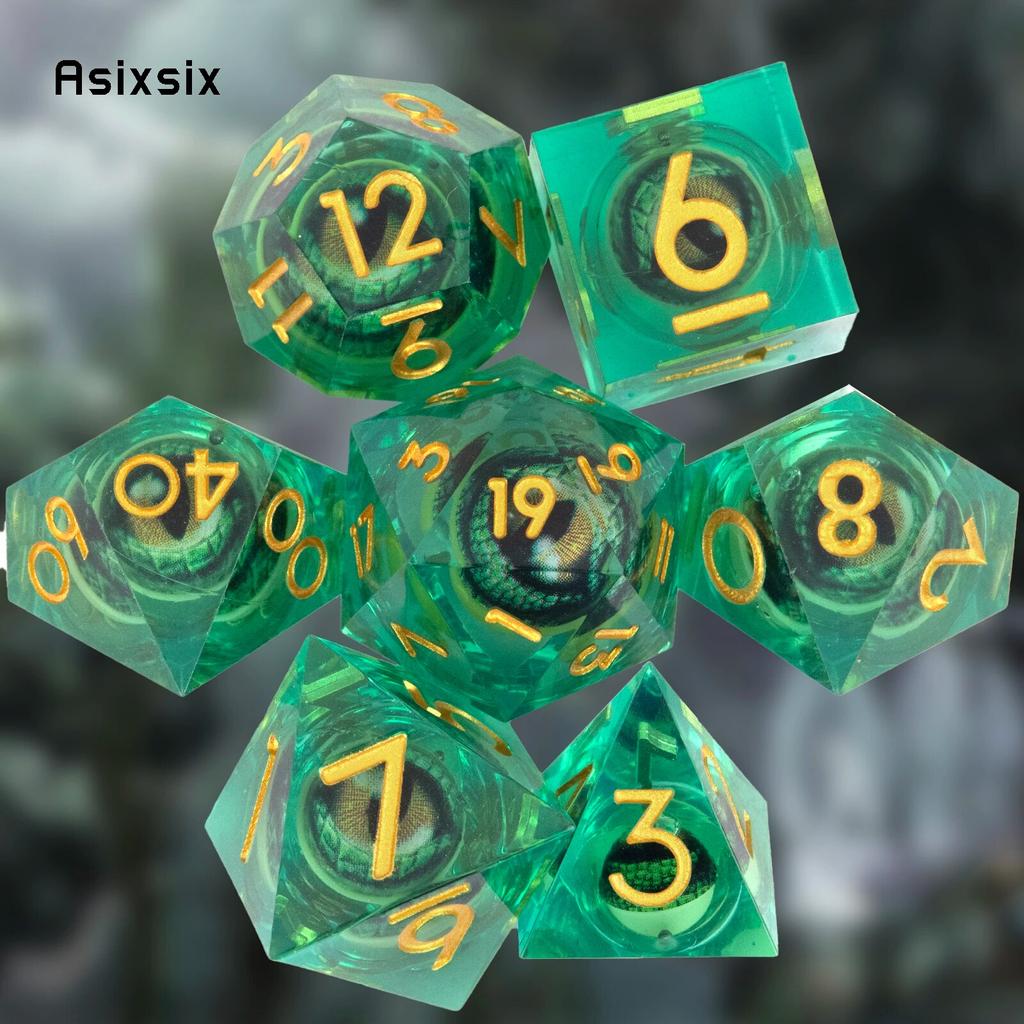 7 Pcs Green Flowing Sand Golden Number Sharp Edge Resin Dice Polyhedral Dice Suitable for Role-Playing RPG Board Game