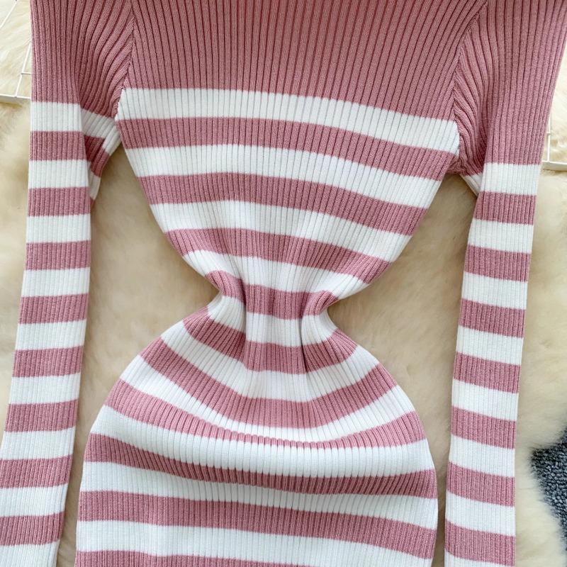 Rochii pulover femei cu gât înalt toamna 2024 sexy slim fit rochie tricotată tricotată cu dungi cu culoare blocată, îmbrăcăminte de stradă Rochii șic