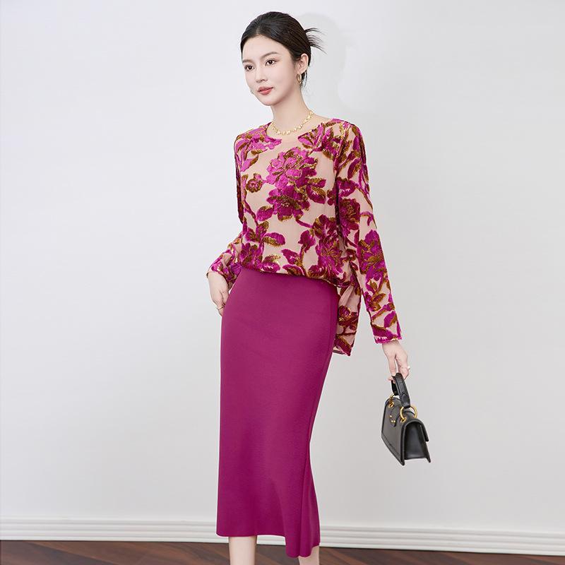 Luxury Women's Long Sleeve Flocked Top with Bright Silk Burnout Design