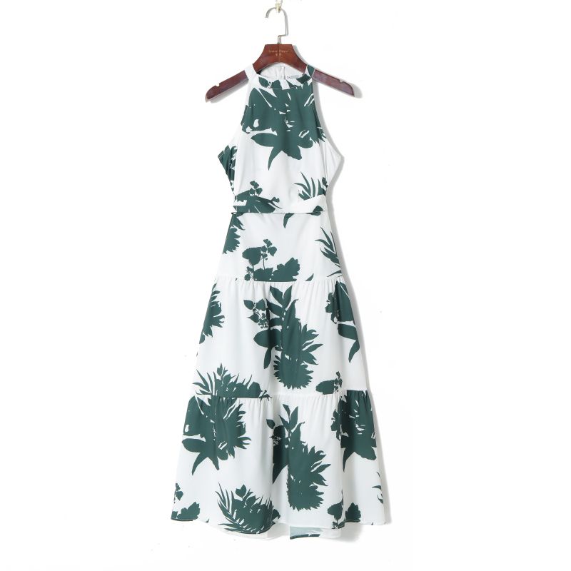 

Women s Summer Retro Temperament High Waist Shoelace Dress White Green XS