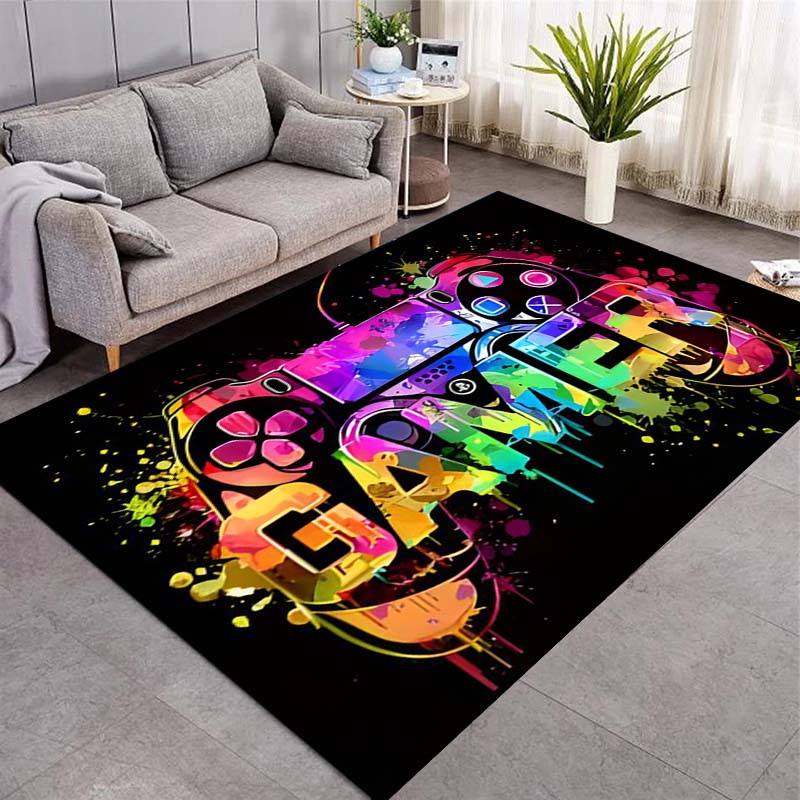 Colorful Graffiti Game Controller Gamer Print Doormat Black Non Slip Rectangular Floor Mat Gaming Room Entryway Bedroom Home Decor Rug
