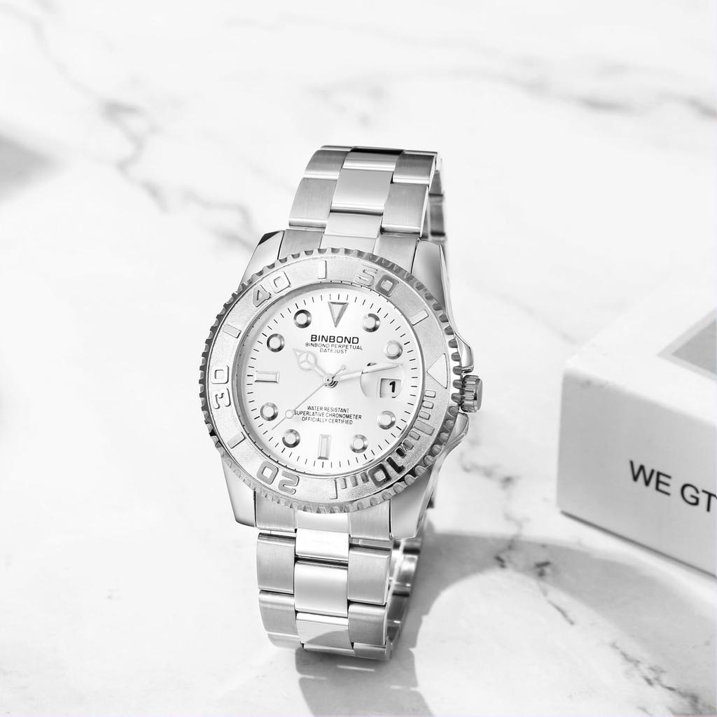 Silberne Wasserdichte Quarzuhr mit Kalender Leuchtende Analoguhr mit Drehbarer Edelstahllünette Schlicht und Stilvoll für Freizeit- und Geschäftskleidung