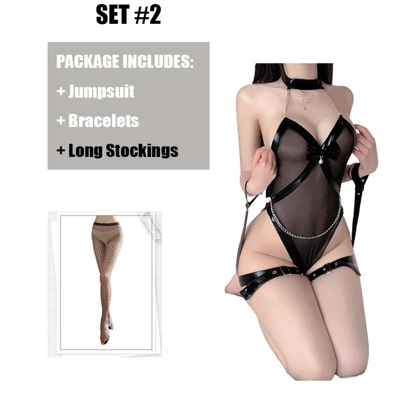 Bdsm Binding Bracelets PU Leather Bodysuit with Leg Ring Woman Sexy Lingerie See Through Halter Erotic Teddies Underwear