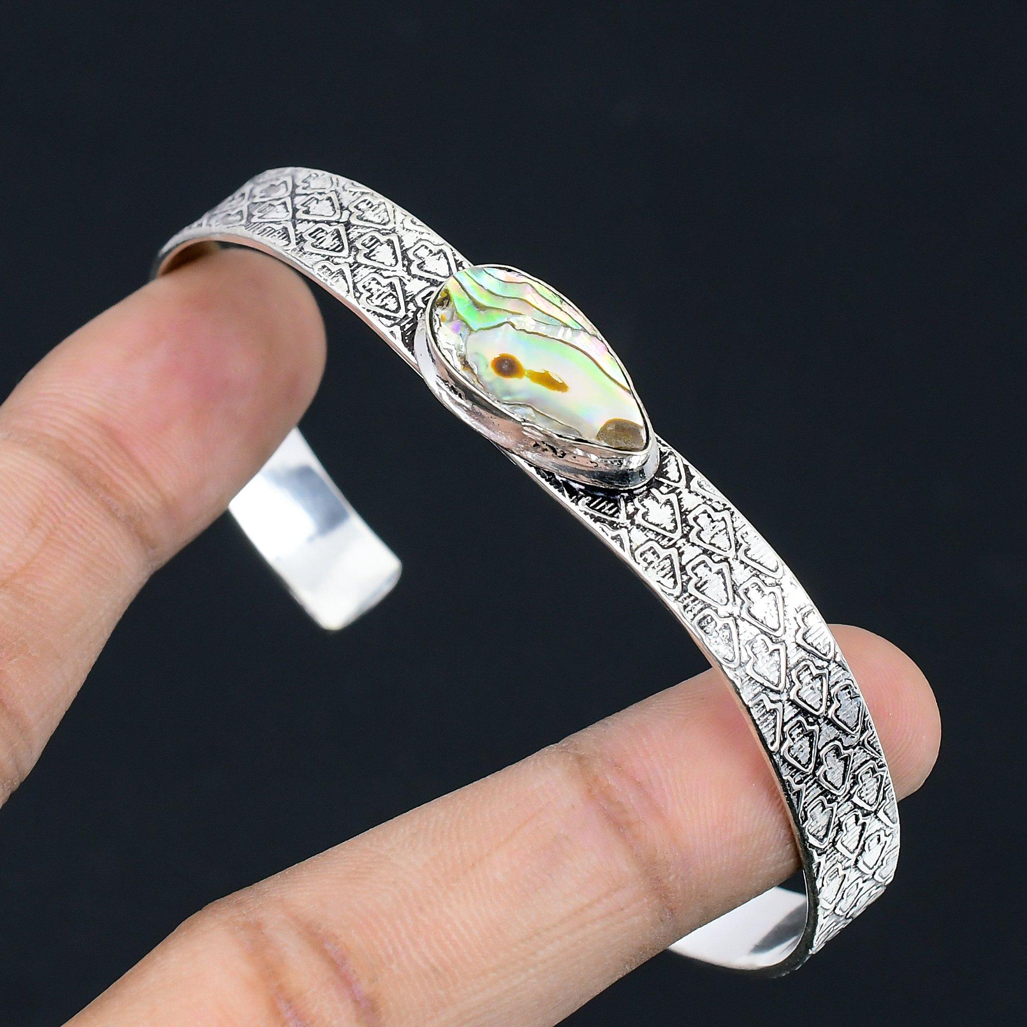 

Halloween Sale Natural Abalone Shell Unique Daughter Handmade Bangle 925 Silver Adjustable