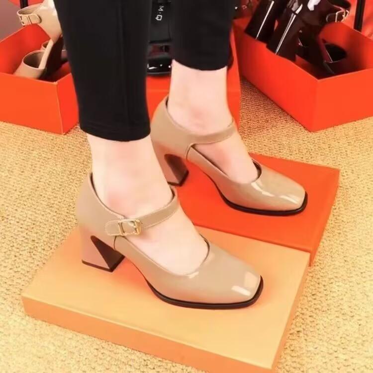 Women's Shoes Patent Leather One-word Square Head Leather Shoes Medium Thick Heel Wear-resistant Soft Leather Mary Jane Shoes Comfortable Women