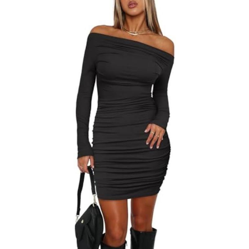 Fashion Long Sleeve Slash Neck Sexy Dress Female New Solid Color Backless Pleated Women Bag Hip Bodycon Party Dress Elegant Short Dresses 99