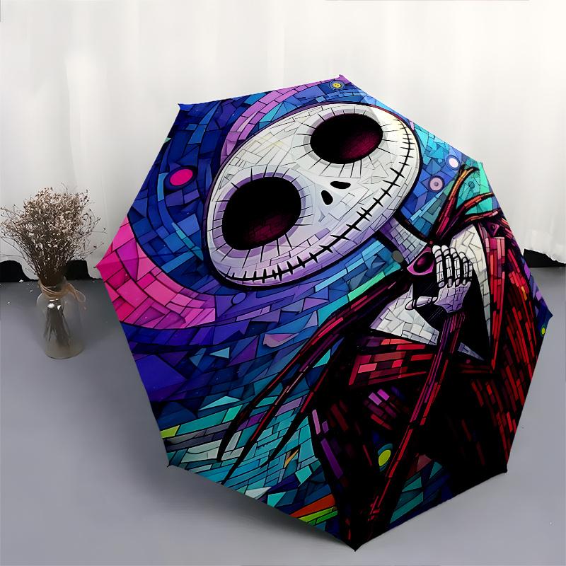 1 Automatischer Regenschirm Jack Skellington, Bunter 8-Speichen-Schirm mit Buntglas-Thema, Tragbar für Damen und Herren, Ein Kompakter Begleiter für den täglichen Weg, Geeignet