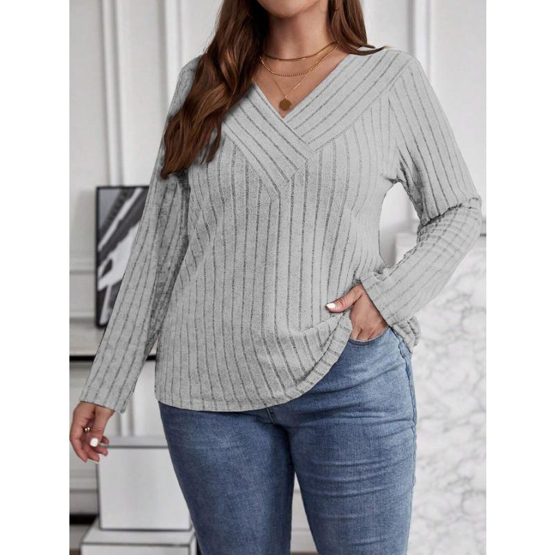 Women S V Neck Long Sleeve Pullover Top Solid Color Plus Size Brushed Ribbed Top