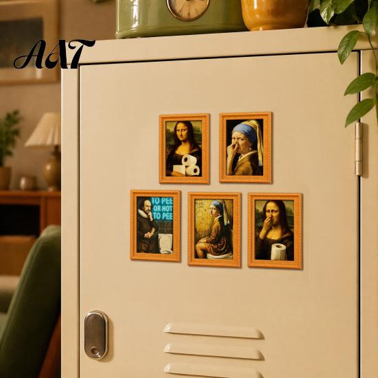 Modern Office Storage Decor Funny Small Wooden Fridge Magnet Picture Frame, Vintage Oil Painting Pattern Retro Style Frames Magnetic Refrigerator