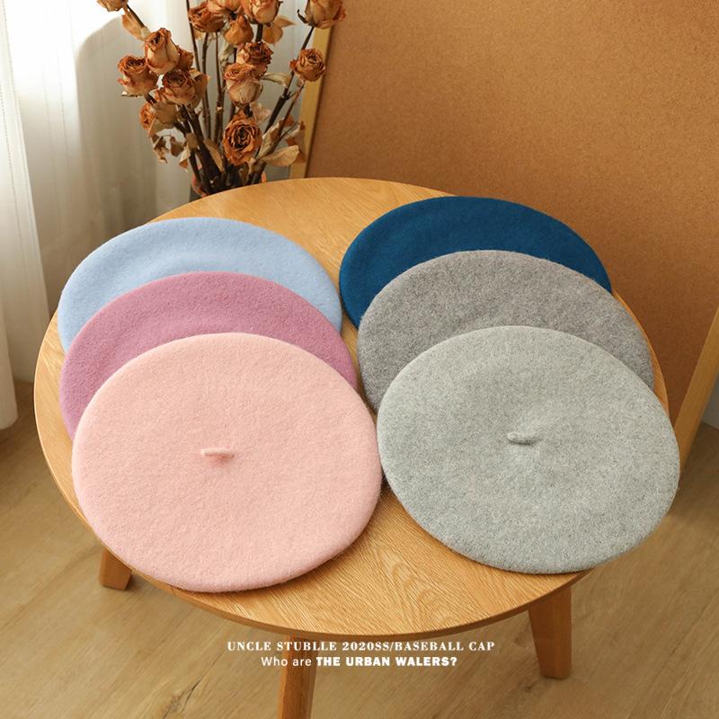 Autumn and Winter Wool Berets for Girls Artistic and Retro Versatile Painter Hats Solid Color Flower Bud Hats