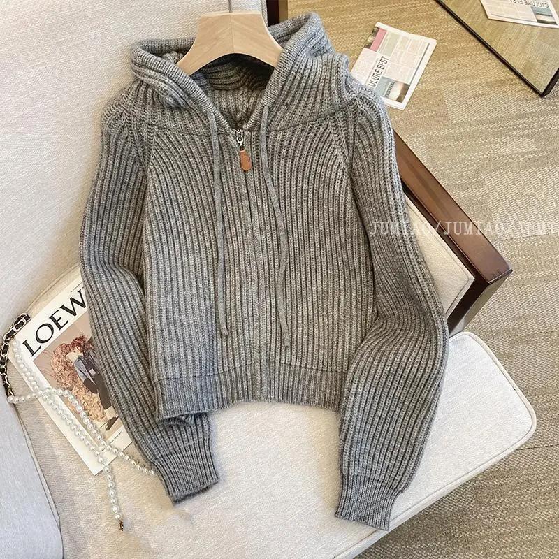 Damen Frühling Herbst Weiche Kapuzenstrickjacke Damen Innen Langarmtop