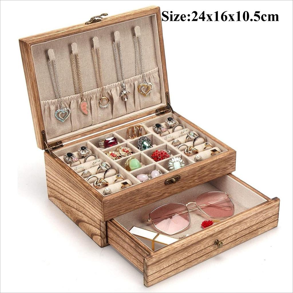 Vintage Jewelry Box Solid Wood Containers Two Layers Necklace Earrings Display Boxes with Mirror Jewelry Accessories