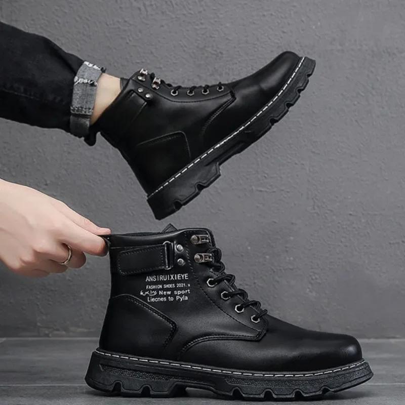 Men's Boots Autumn/winter 2024 Men's Boots Korean Version High Top Casual Lace Up Flat Bottomed Round Toe Comfort Leather Shoes