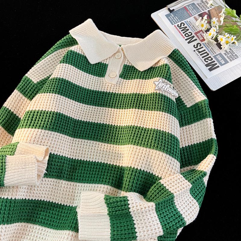 

Men s Retro Striped Polo Collar Sweater - Autumn/Winter College Style Loose Knitwear XL