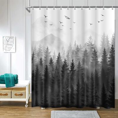 ChloropLastid Nature Forest Shower Curtain Black Woodland Pine Tree Landscape Bathtub Curtain Bath Decor Waterproof Polyester